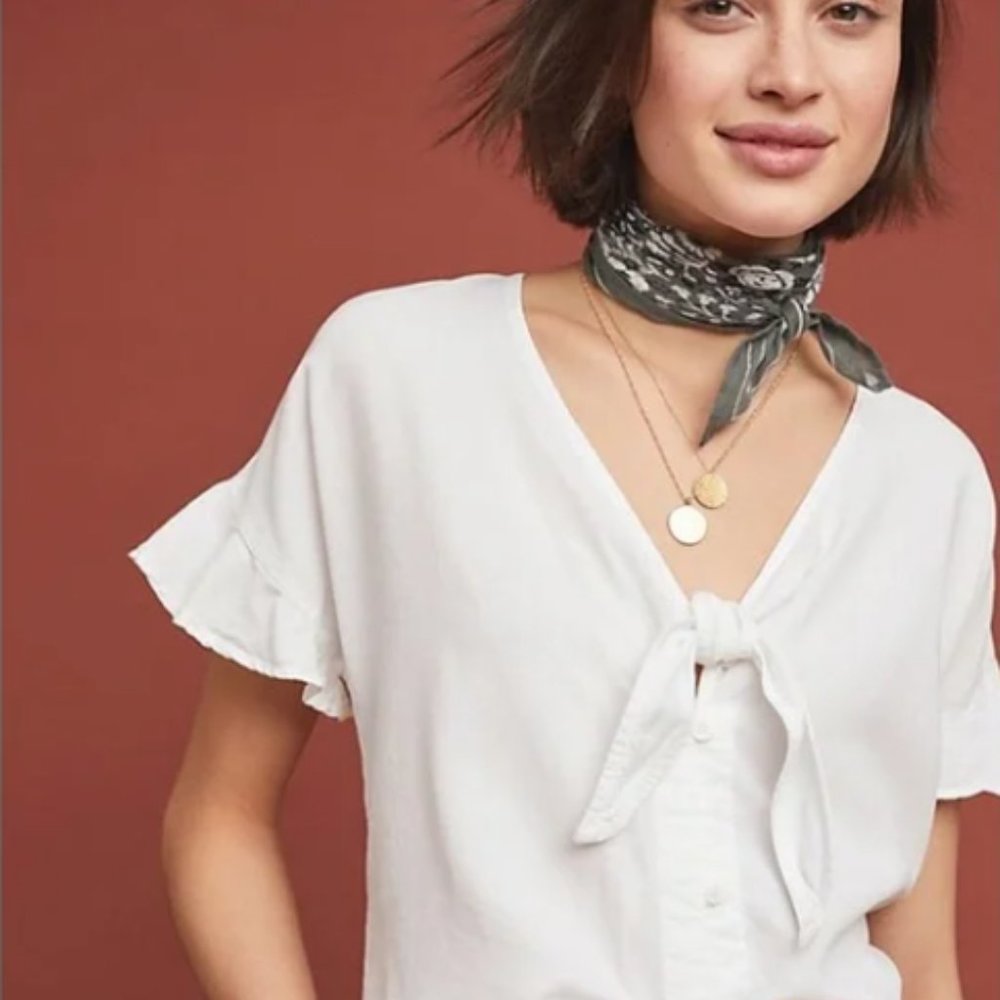 ANTHRO I White Tie V-Neck Button Down Short Sleeve Blouse by Cloth & Stone, S